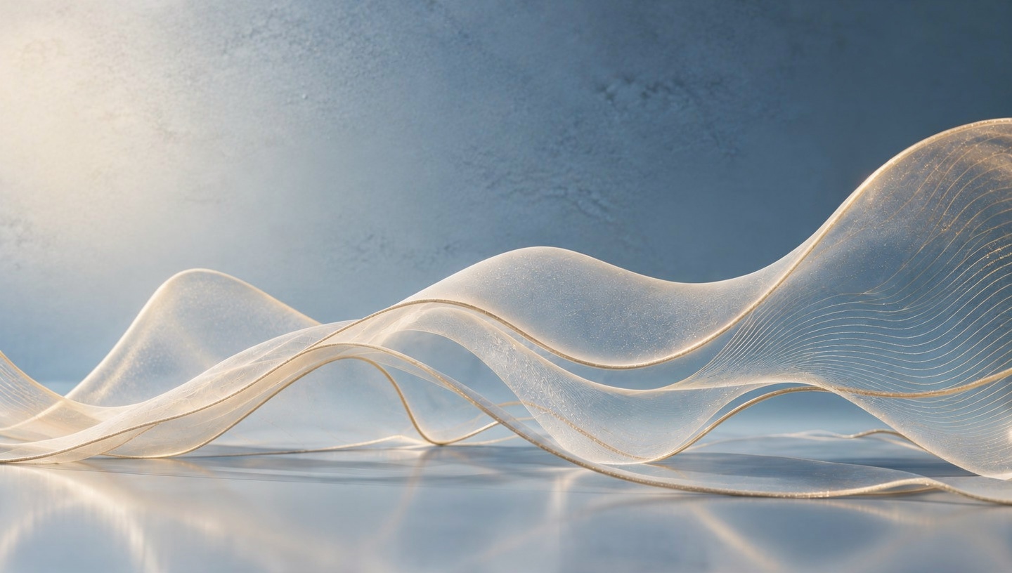 Translucent layered waveforms over a pale mineral-blue surface